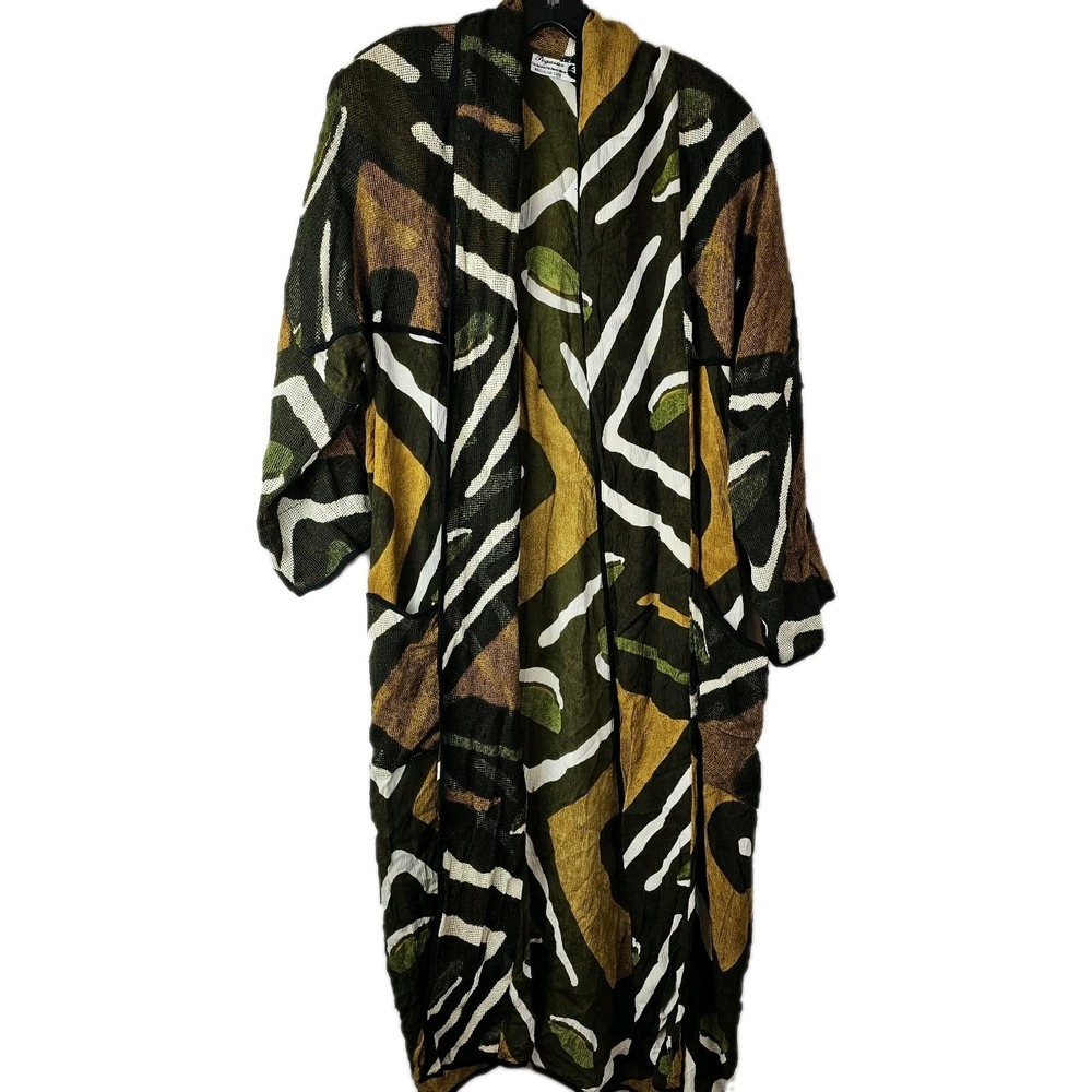Pegasus Womens Free Jacket‎ Green White Fabric Bohemian Chic Open Front Kimono